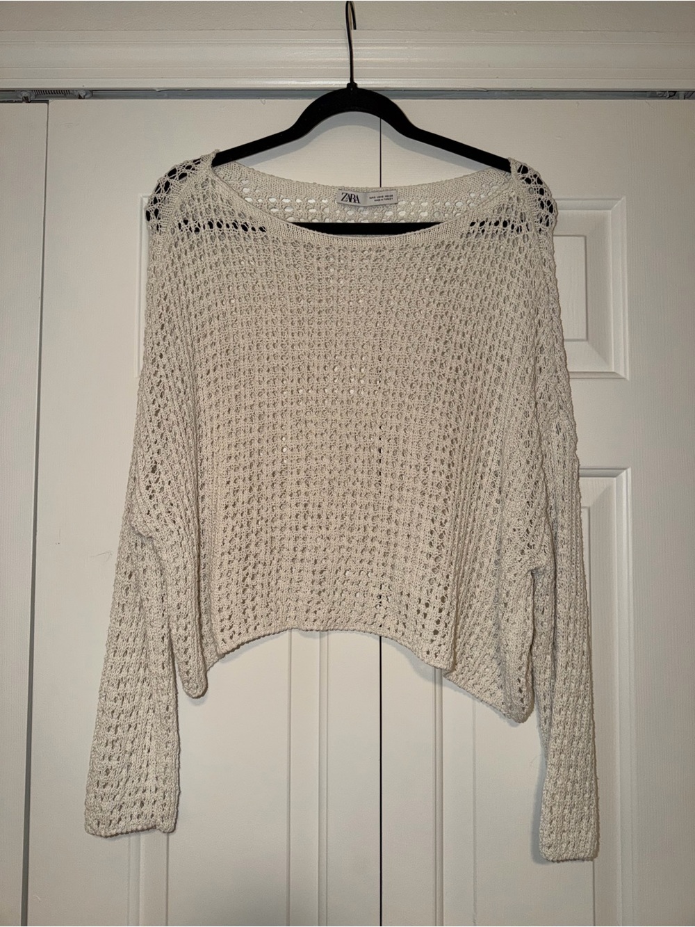 Zara Cream Open-Weave Cropped Sweater